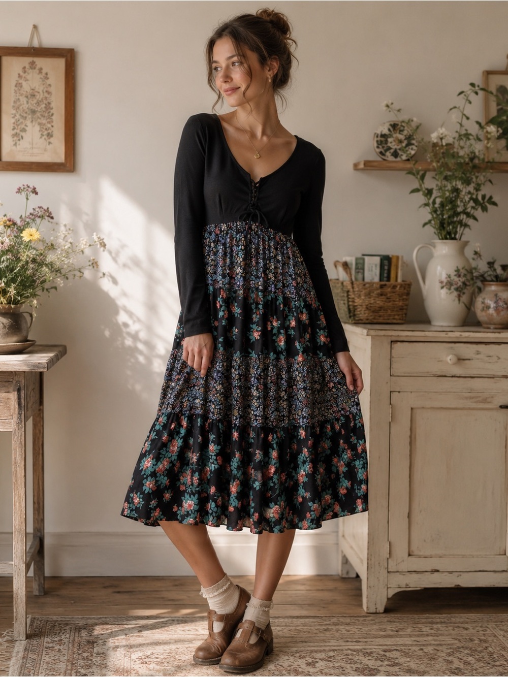 Vintage 90s Prairie Hippie Boho Midi Dress Small Floral Black Cottage festival